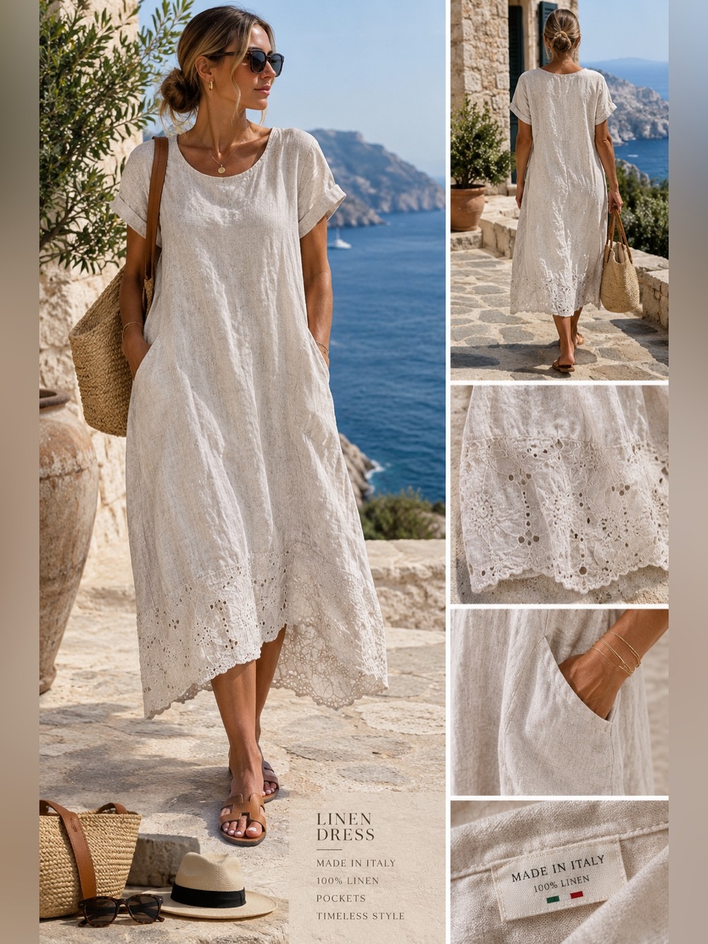 Made in Italy 100% Linen Embroidered Eyelet Hem Dress 1X